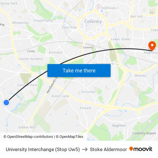 University Interchange (Stop Uw5) to Stoke Aldermoor map