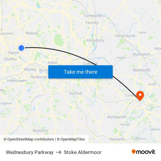 Wednesbury Parkway to Stoke Aldermoor map