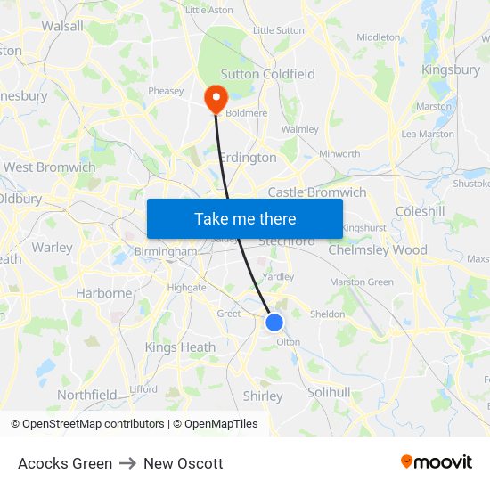 Acocks Green to New Oscott map