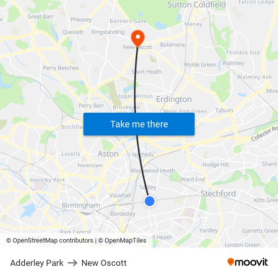 Adderley Park to New Oscott map