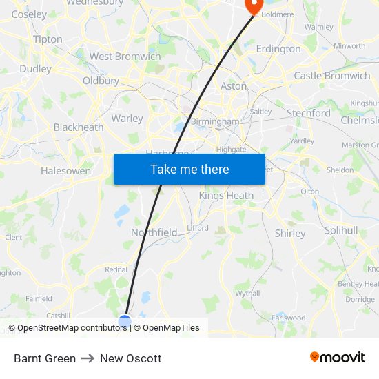 Barnt Green to New Oscott map