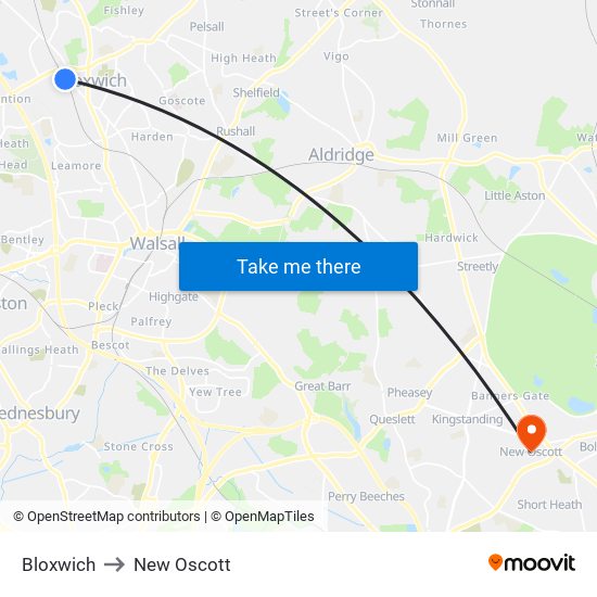 Bloxwich to New Oscott map