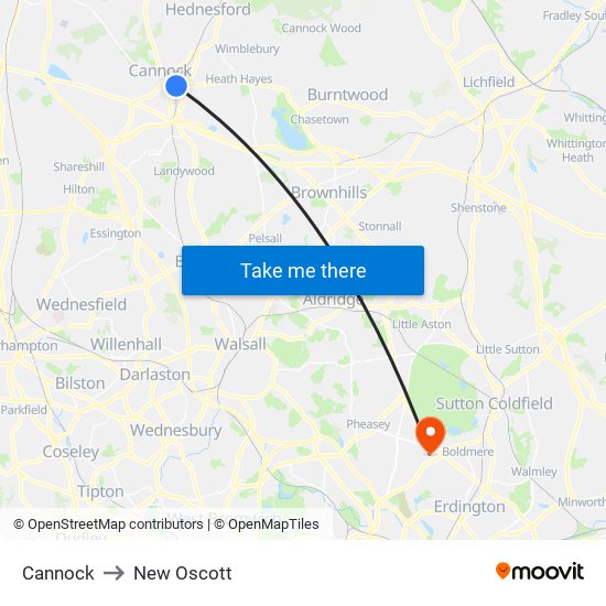 Cannock to New Oscott map