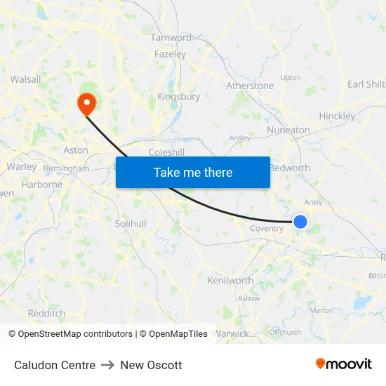 Caludon Centre to New Oscott map