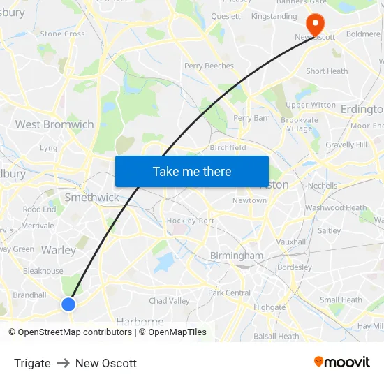 Trigate to New Oscott map