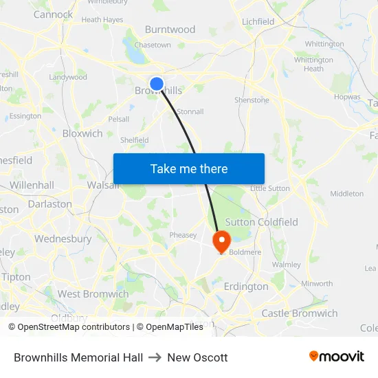 Brownhills Memorial Hall to New Oscott map