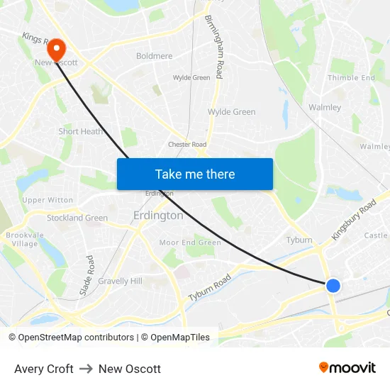 Avery Croft to New Oscott map