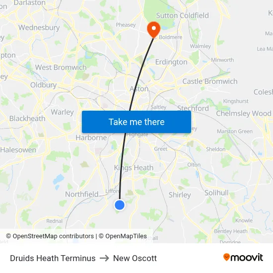 Druids Heath Terminus to New Oscott map