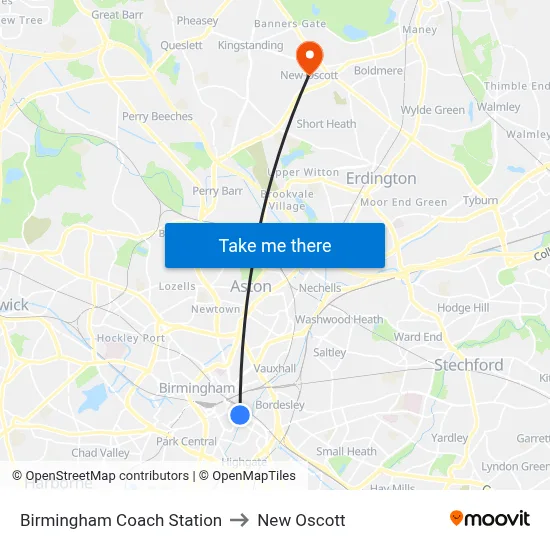 Birmingham Coach Station to New Oscott map