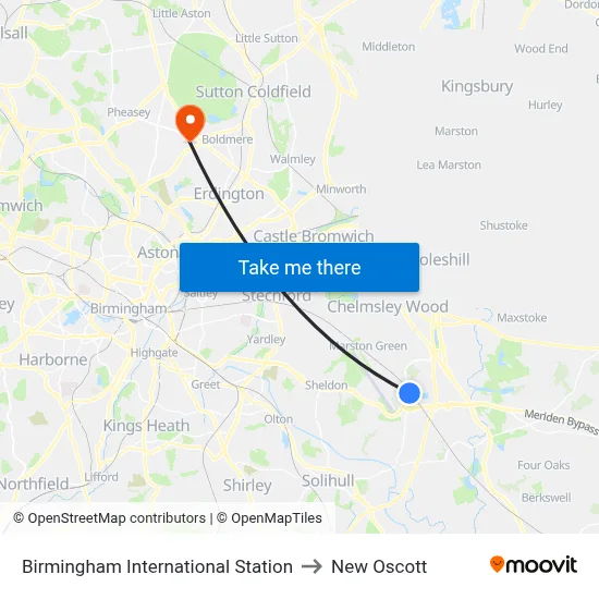 Birmingham International Station to New Oscott map