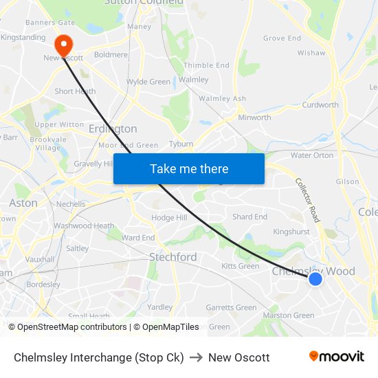 Chelmsley Interchange (Stop Ck) to New Oscott map