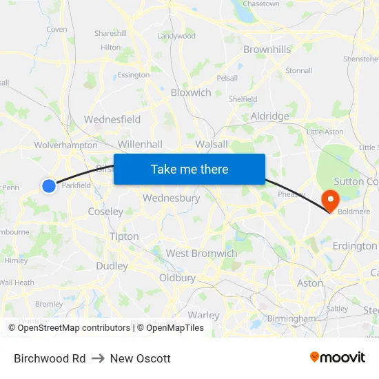 Birchwood Rd to New Oscott map