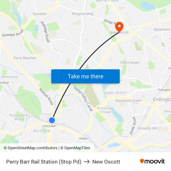 Perry Barr Rail Station (Stop Pd) to New Oscott map