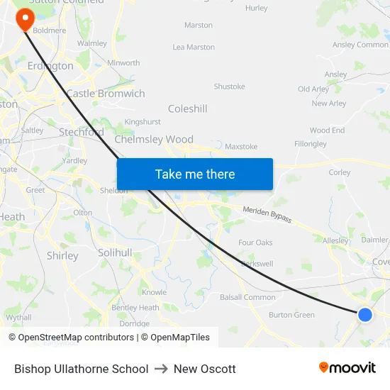 Bishop Ullathorne School to New Oscott map