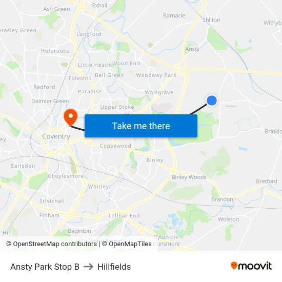 Ansty Park Stop B to Hillfields map