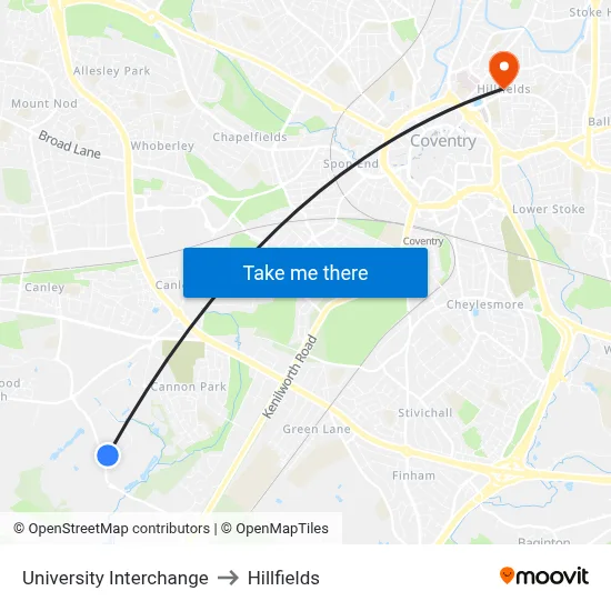 University Interchange to Hillfields map