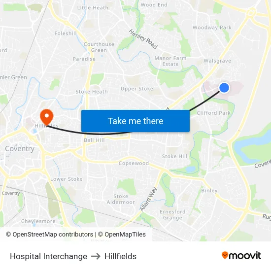 Hospital Interchange to Hillfields map
