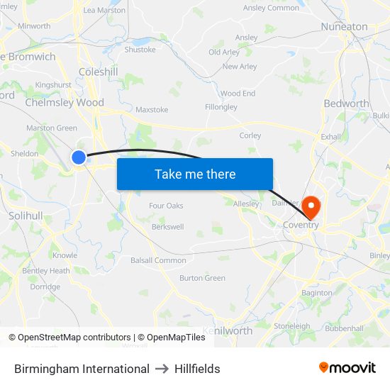 Birmingham International to Hillfields map
