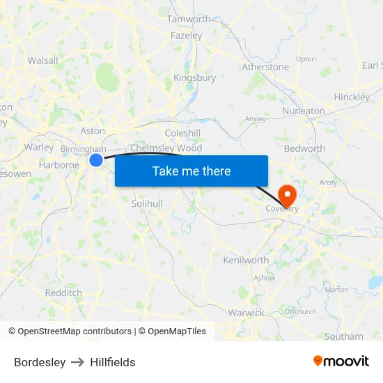 Bordesley to Hillfields map