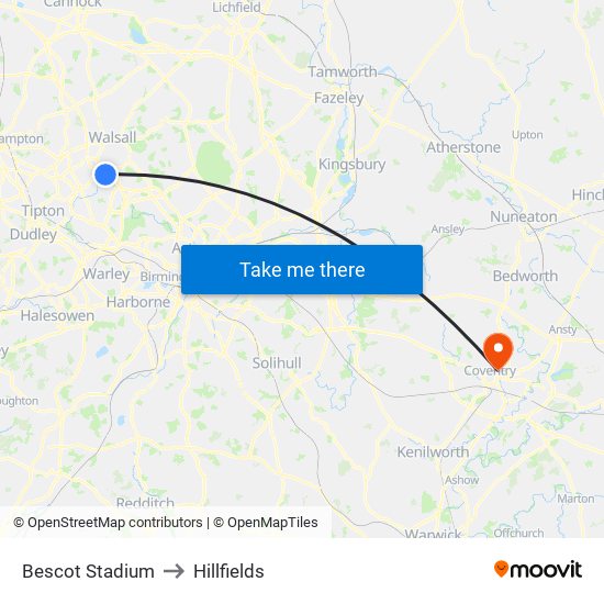 Bescot Stadium to Hillfields map