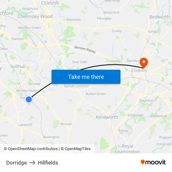 Dorridge to Hillfields map