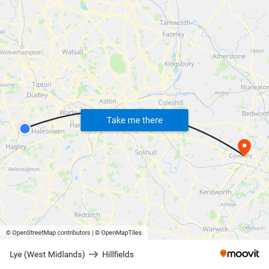 Lye (West Midlands) to Hillfields map