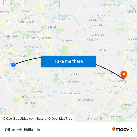 Olton to Hillfields map