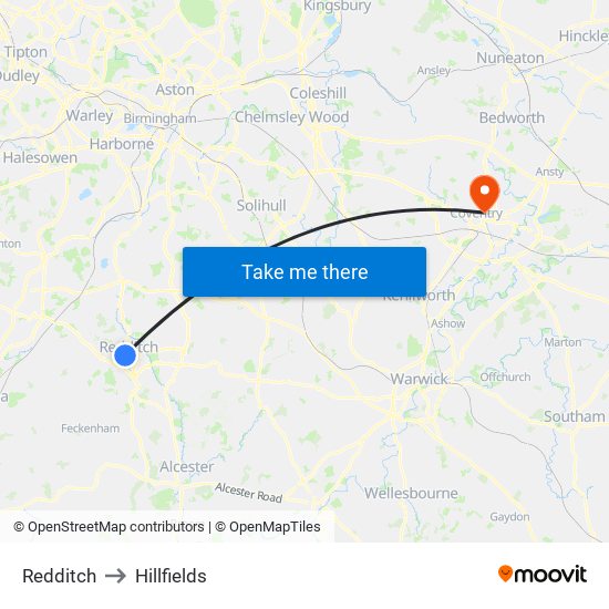 Redditch to Hillfields map