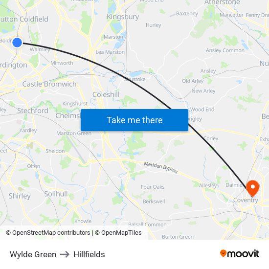 Wylde Green to Hillfields map