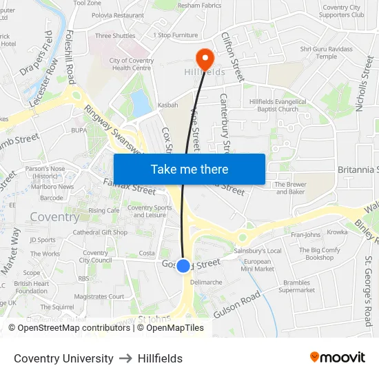 Coventry University to Hillfields map