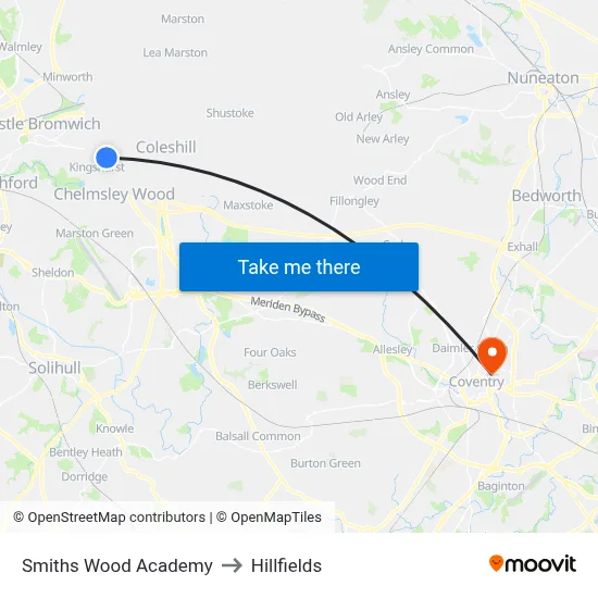 Smiths Wood Academy to Hillfields map