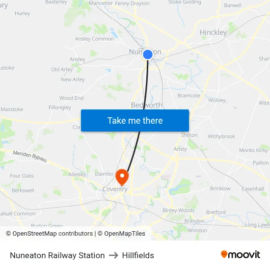 Nuneaton Railway Station to Hillfields map