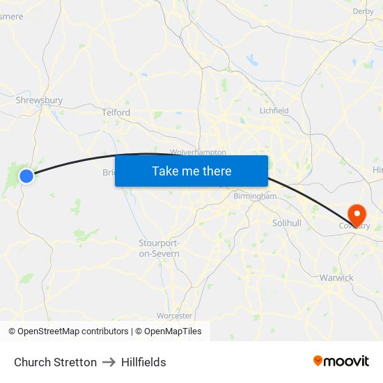 Church Stretton to Hillfields map