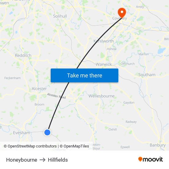 Honeybourne to Hillfields map