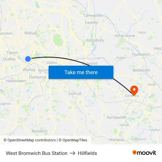 West Bromwich Bus Station to Hillfields map