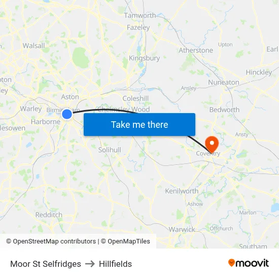 Moor St Selfridges to Hillfields map