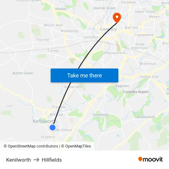 Kenilworth to Hillfields map