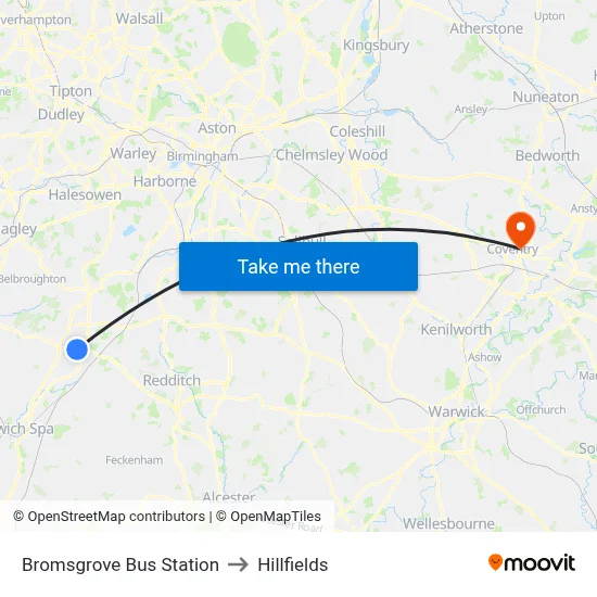 Bromsgrove Bus Station to Hillfields map