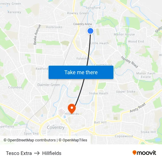 Tesco Extra to Hillfields map