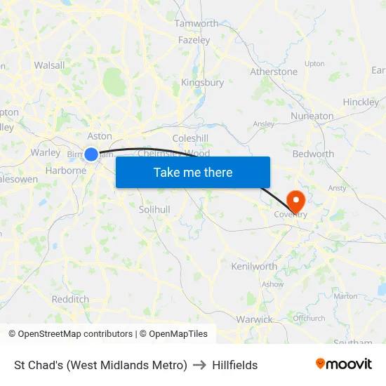 St Chad's (West Midlands Metro) to Hillfields map