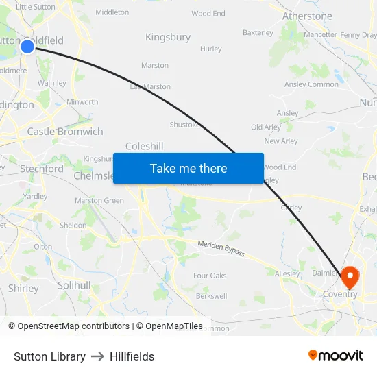Sutton Library to Hillfields map