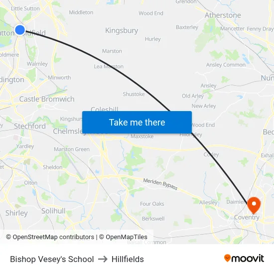 Bishop Vesey's School to Hillfields map