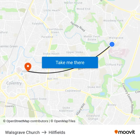 Walsgrave Church to Hillfields map