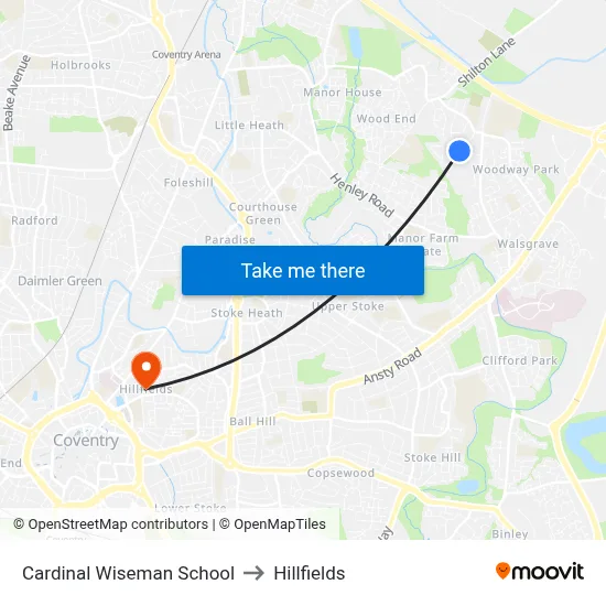 Cardinal Wiseman School to Hillfields map