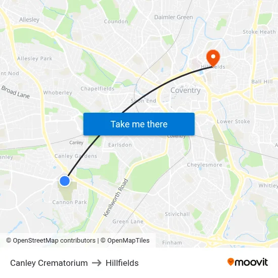 Canley Crematorium to Hillfields map