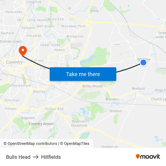 Bulls Head to Hillfields map
