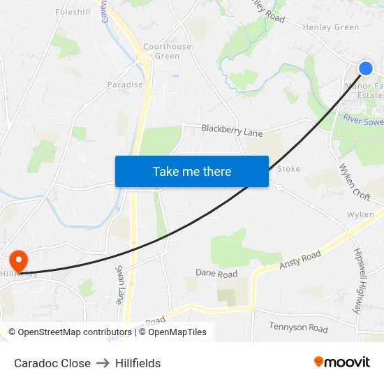 Caradoc Close to Hillfields map