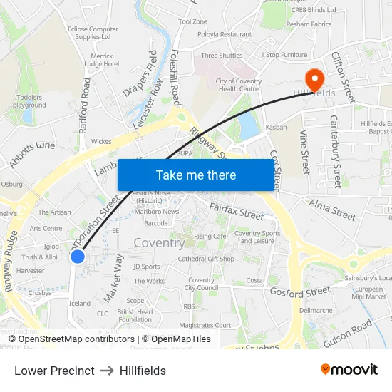 Lower Precinct to Hillfields map