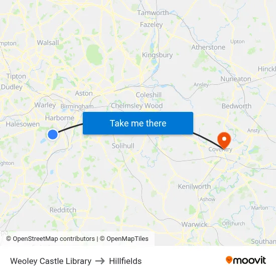 Weoley Castle Library to Hillfields map