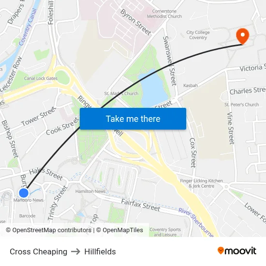 Cross Cheaping to Hillfields map